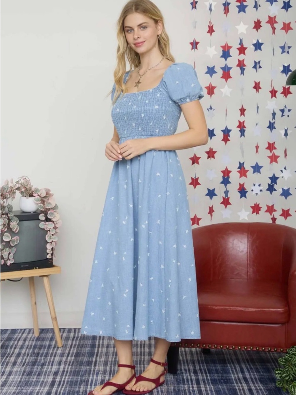 Light Blue Floral Smocked Midi Dress